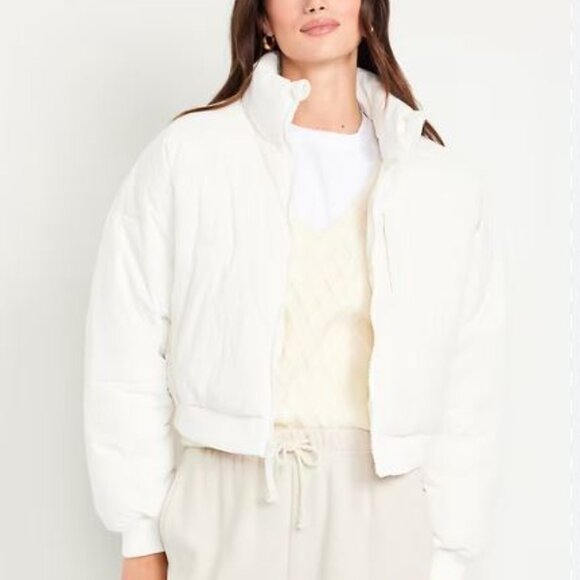 Old Navy White Puffer Oversized Crop Jacket Running Workout Lightweight Coat - Picture 1 of 11